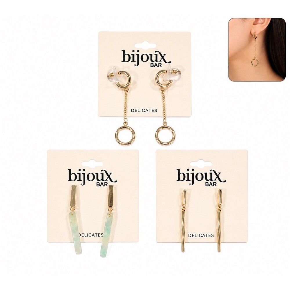 $42 Bijoux Bar Earrings Lot 3 Pairs Gold Hoops Dangle Ring Mint Drop cute gift
